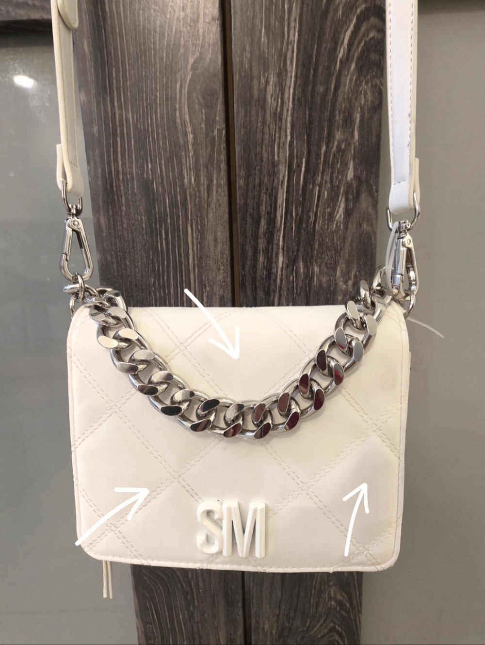 Steve Madden White Quilted Crossbody Bag Chain Strap Small Purse - Picture 6 of 9